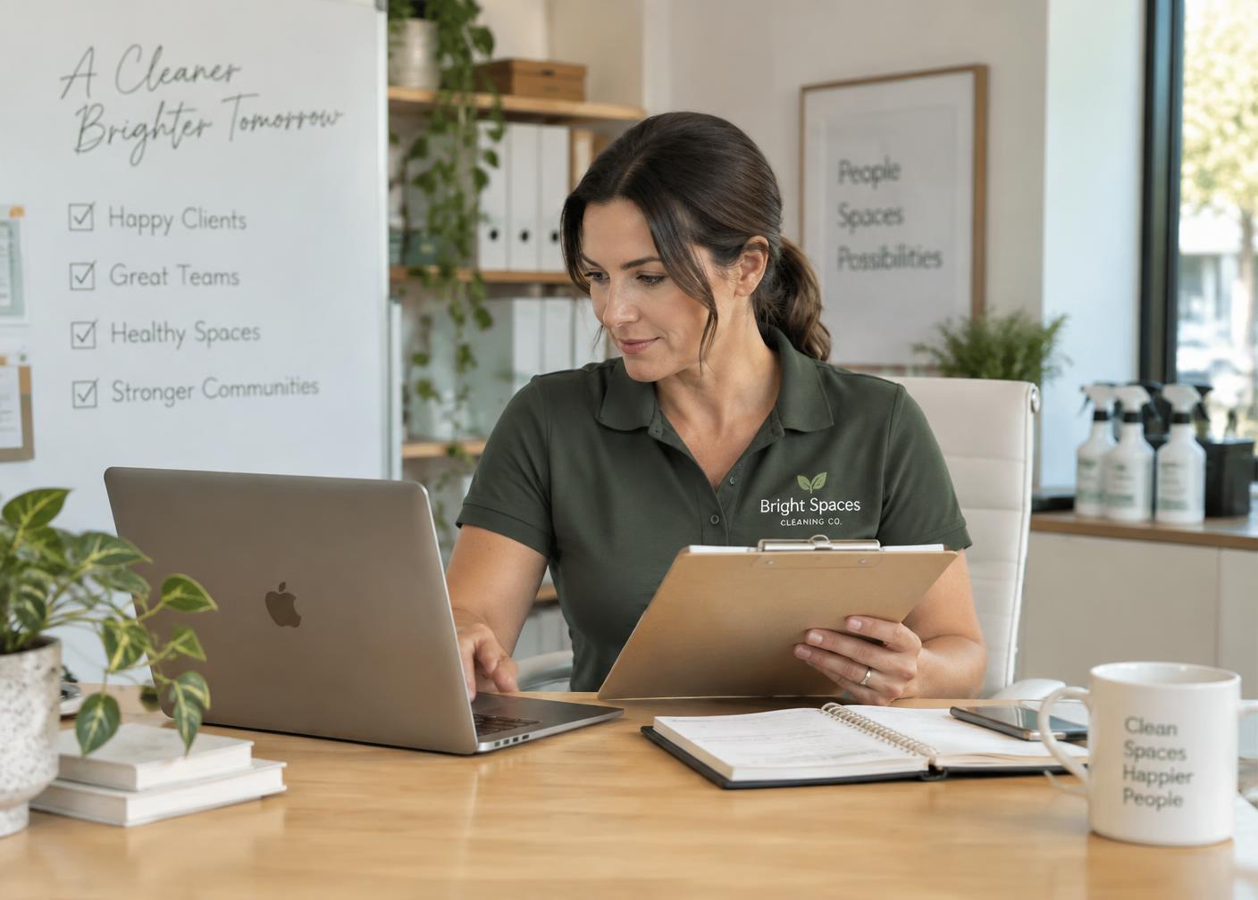 Cleaning business owner reviewing quotes at a bright office desk